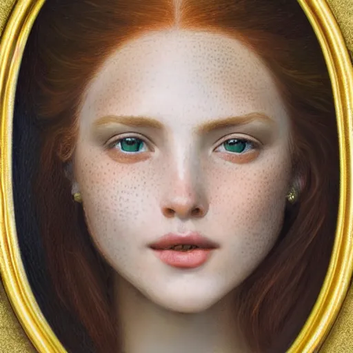 Image similar to portrait of a red haired girl, long hair, green eyes, hint of freckles, beautiful round face, soft amazed smiles, among golden fireflies, highly detailed, deep focus, elegant, digital painting, smooth, sharp focus, golden ratio, illustration, ultra realistic, 8 k, art by vittorio reggianini