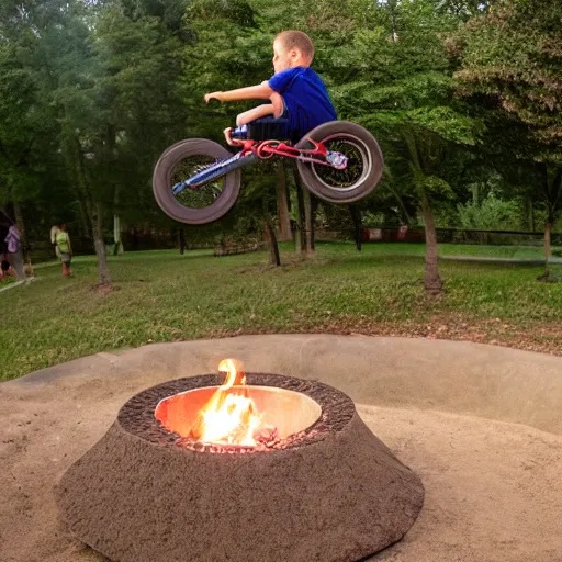 Image similar to kid jumping his bmx over a fire pit