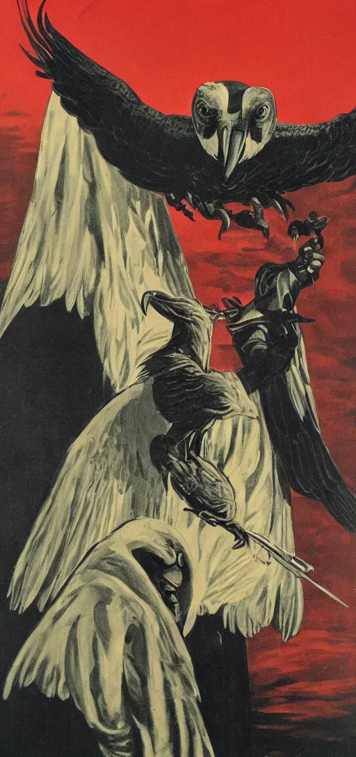 Prompt: mistery man in hood and red eyes with a knife, and a vulture, 1940s propaganda poster, full hd,highly detailed