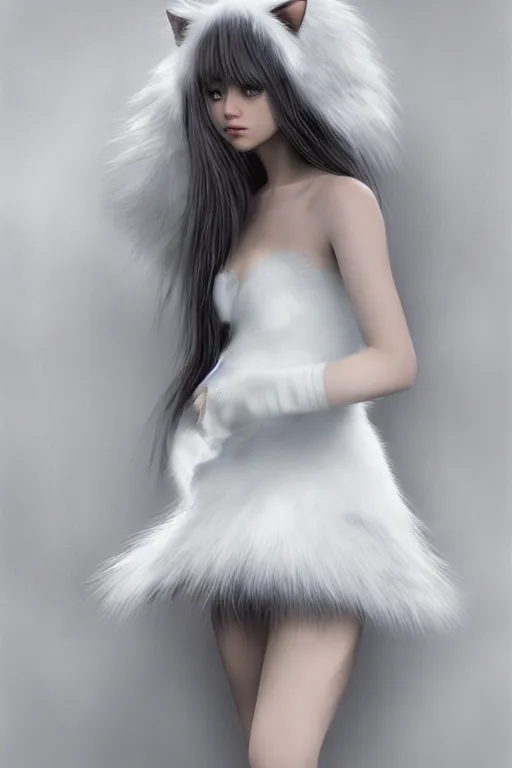 Prompt: beautiful aesthetic full body digital illustration of a young woman wearing a furry white dress, furry white cat ears and tail, by wlop and Julia Razumova, realistic, photorealistic, hyperrealistic, unreal engine, cosplay, octane, deviantArt, trending on artstation, artstation HQ