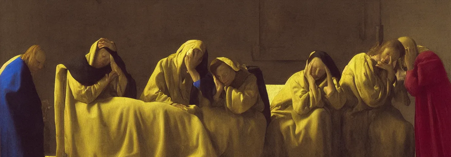 Image similar to a vermeer drawing of three maria's crying at the death of christ