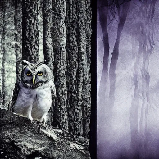 Image similar to mixture between an! owl and wolf, photograph captured in a dark forest