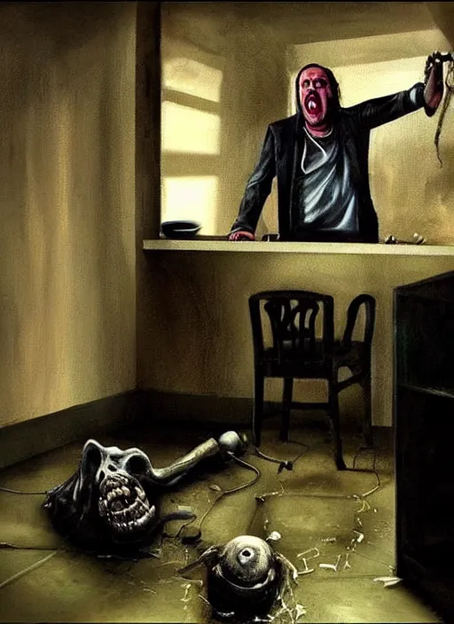 Prompt: screencap from award winning indie psychological thriller, dark trash filled basement, concrete floor, light illuminating from laptop, withered boney husk with black liquid spilling from mouth lays on floor, disturbing, ominous, lynchian !dream painting by phil hale of a screaming, brutish, ogre-ish jon taffer!!! in a bar, broken glasses and drinks in the background, hulkish, towering, distressing, hd, high quality, visible texture and brush strokes