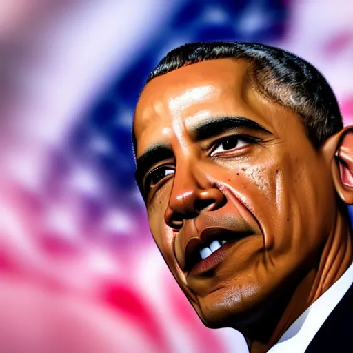 Image similar to Obama with eyes glow strongly white, white flames are burning white which are behind Obama, 40nm lens, shallow depth of field, 4k,