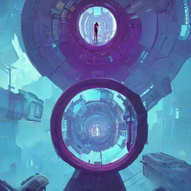 Prompt: a circle!! portal!!! structure floating in space!!, cyberpunk, epic surrealism, indigo, purple, cyan, detailed digital matte painting in the style of simon stalenhag and painting by ralph mcquarrie