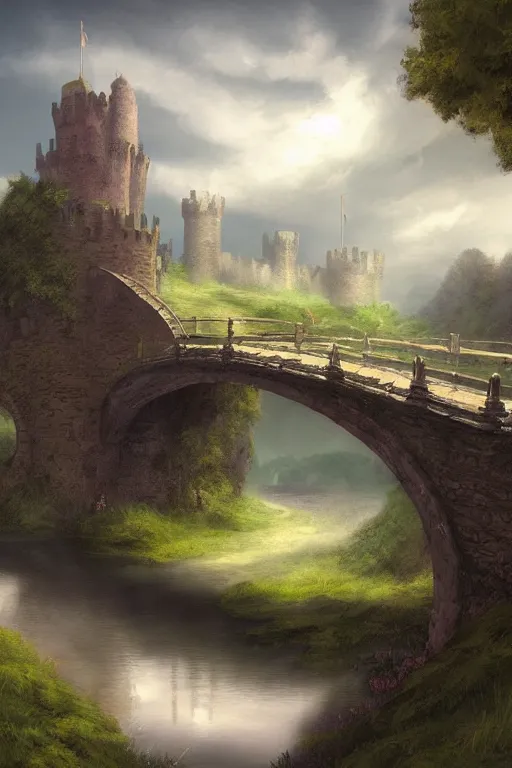 Image similar to hills bridge moat castle concept art gothic fantasy sky, andreas rocha style