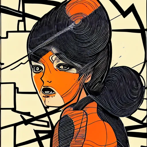 Prompt: pen, loosely cross hatched, ink, orange copic marker background, illustration of a scifi girls face, by Terada Katsuya, koji morimoto, tatsuyuki tanaka