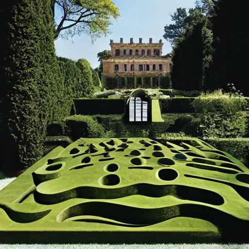 Image similar to giant Italian modern castle formal garden with a modern stainless steel organic shaped modern sculptureswith mirror finish by Tony Cragg, photo by Annie Leibovitz