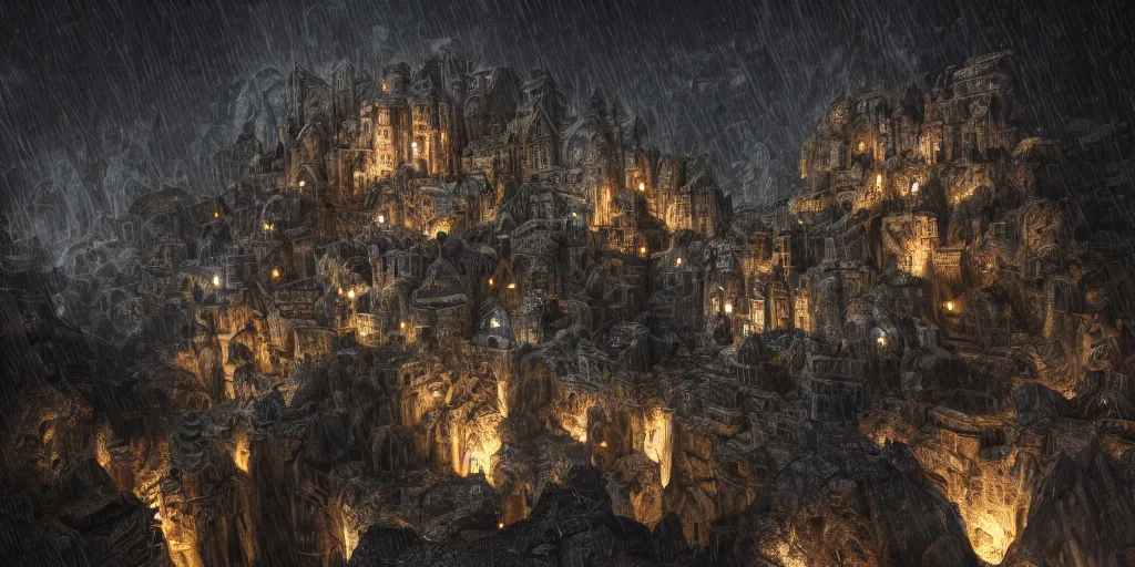 Image similar to A shining dwarven city made out of intricately carved stone in a dark cavern, rainy, dark and gloomy atmosphere, fantasy digital art, octane render, beautiful composition, trending on artstation, award-winning photograph, masterpiece