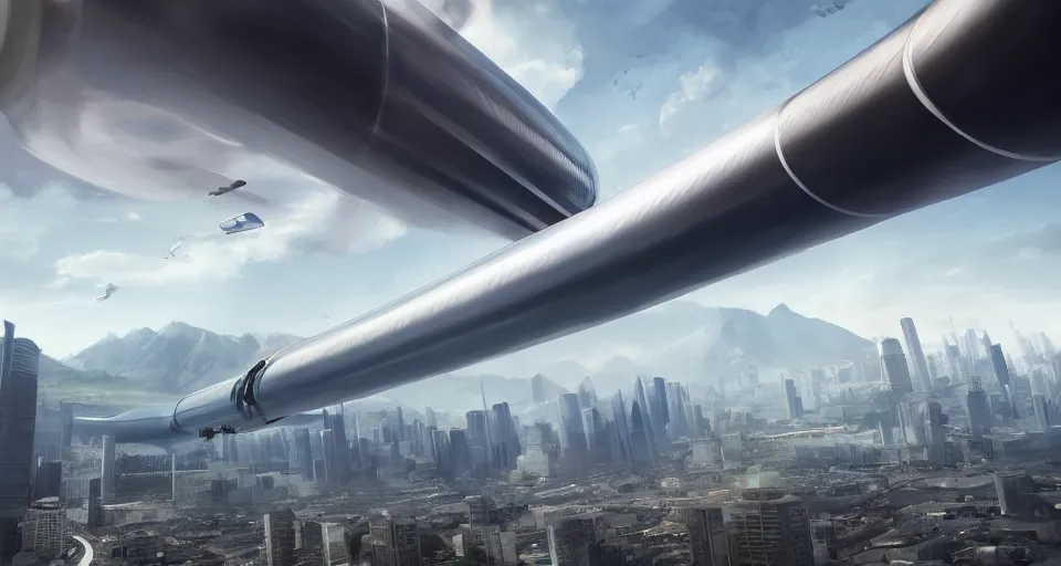 Image similar to A highly detailed matte oil painting of a gigantic transparent hyperloop tube with capsules moving at supersonic speed by Grant Yun, hyperrealistic, cinematic angle, breathtaking, beautiful composition, by Artgerm, volumetric lighting, intricate insanely detailed octane render, 8K resolution, high contrast, trending on artstation, future art