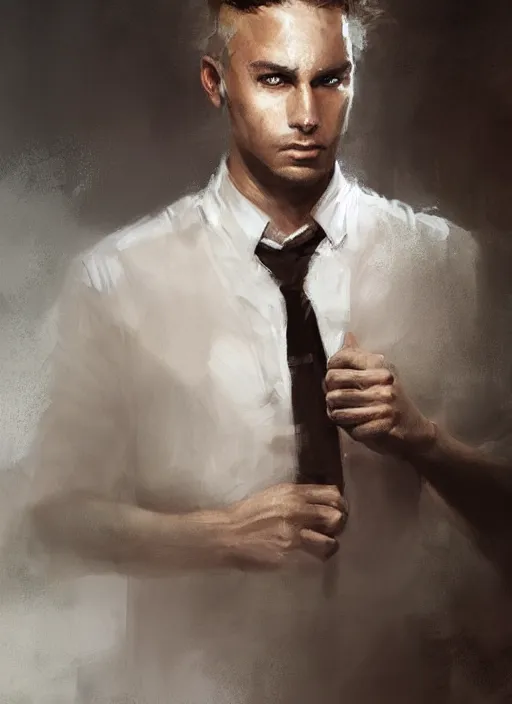 Prompt: handsome young man, white fringy hair, clean shaven, by jeremy mann, by greg rutkowski, by noah bradley, digital painting