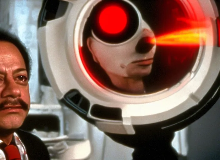 Image similar to film still of young old Cheech Marin as Dr. Dave Bowman with HAL 9000 glowing red in the background in 2001 A Space Odyssey