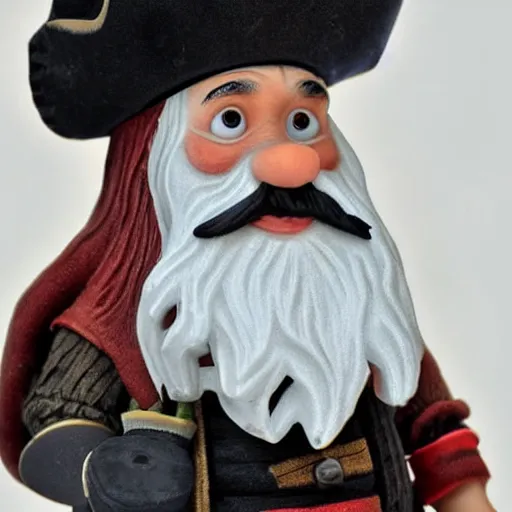 Image similar to a scraggly pirate gnome worn after days of travel on a pirate ship, white beard, realistic