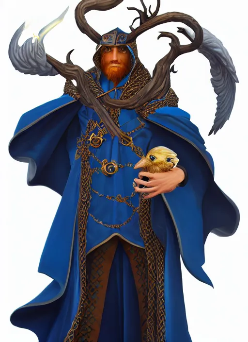 Image similar to male warlock with the head of a hawk, wind magic, blue robes, exquisite details, full body character design, white background, by studio muti