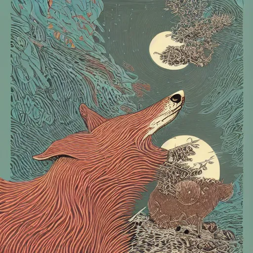 Prompt: fox and a robot by woodblock print, nicolas delort, moebius, victo ngai, josan gonzalez, kilian eng