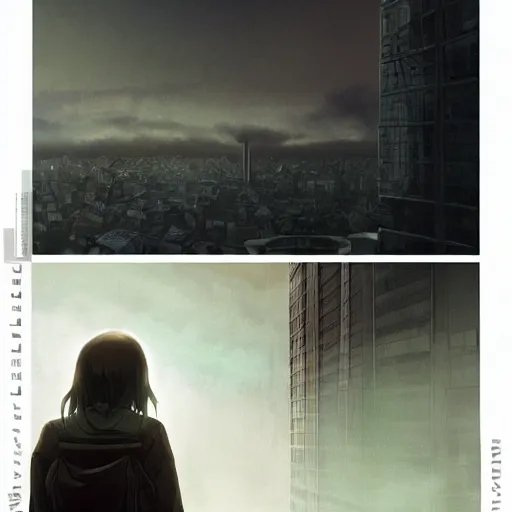 Prompt: melancholic girl wears a tokyo ghoul mask while looking at the city, incredible view of Santiago at dawn, illustration by Greg Rutkowski and Yoshitaka Amano