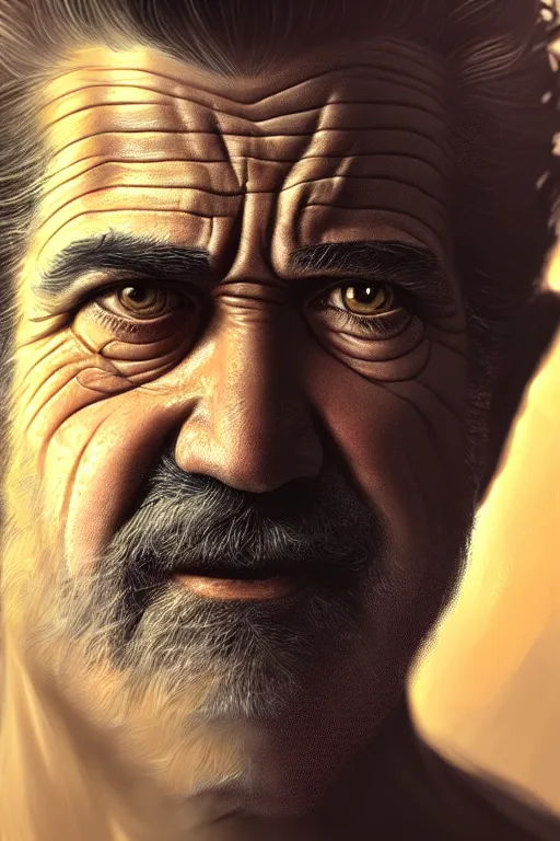 Image similar to ultra detailed close up facial portrait of mel gibson, extremely detailed digital painting, in the style of fenghua zhong and ruan jia and jeremy lipking and peter mohrbacher, mystical colors, rim light, beautiful lighting, 8 k, stunning scene, raytracing, octane, trending on artstation