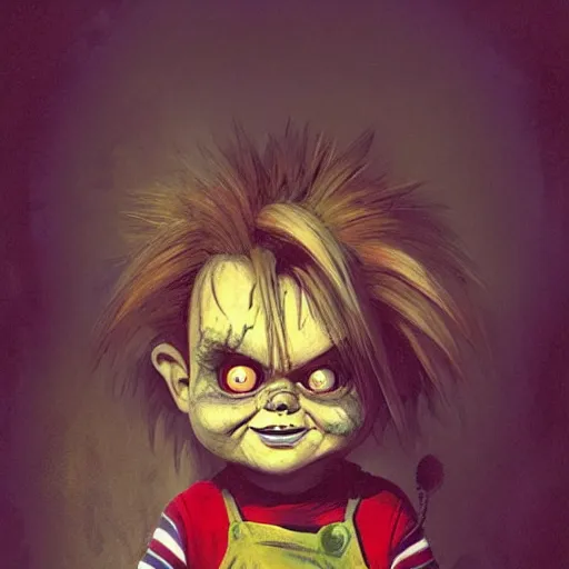 Image similar to chucky, horror, grunge, loony toons style, illustrated by Greg Rutkowski and dr seuss., Trending on artstation, artstationHD, artstationHQ, 4k, 8k