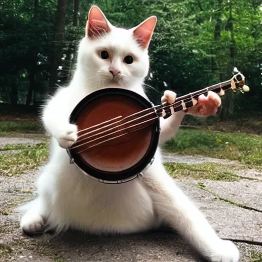Prompt: cat cheerfully playing a banjo, sitting on a mushroom