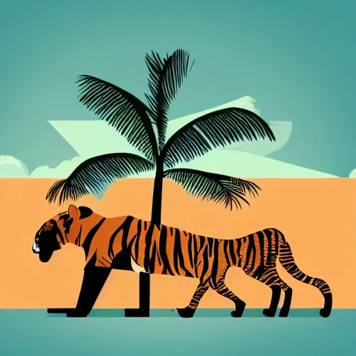 Image similar to woman walking with backdrop showing the sky, palm trees. the tiger has sharp claws and teeth. in minimal colourful geometric illustration style digital painting