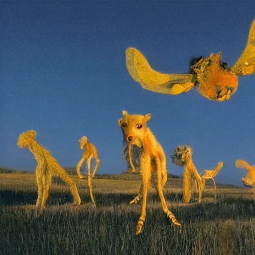 Prompt: A beautiful art installation of a group of creatures that looks like a mix of different animals. Most of the creatures have human-like features, such as arms and legs, and some are standing upright while others are crawling or flying. flax, blue hour by Pipilotti Rist geometric