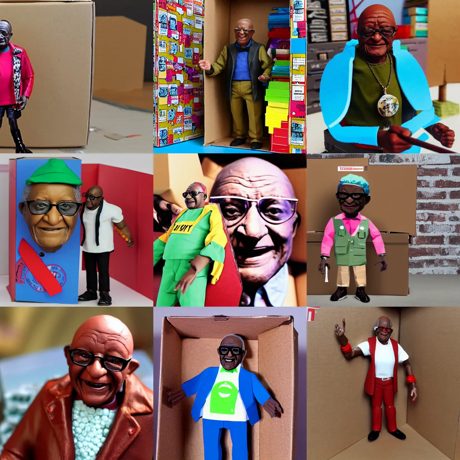 Prompt: desmond tutu wearing a tutu standing in a large cardboard box, in gta v, stephen bliss, stop motion vinyl action figure, plastic, toy