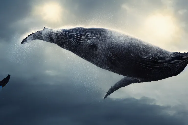 Prompt: ! dream a humpback whale flying in the air over an nfl football stadium ultra detailed realistic photograph cinematic lighting by jessica rossier