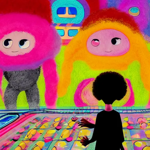 Prompt: a black girl with a colorful afro and big colorful eyes play videogames in a vast and endless 9 0's arcade, bright colours, bokeh!!, watercolor, volumetric wool felting, macro photography, children illustration, by goro fujita