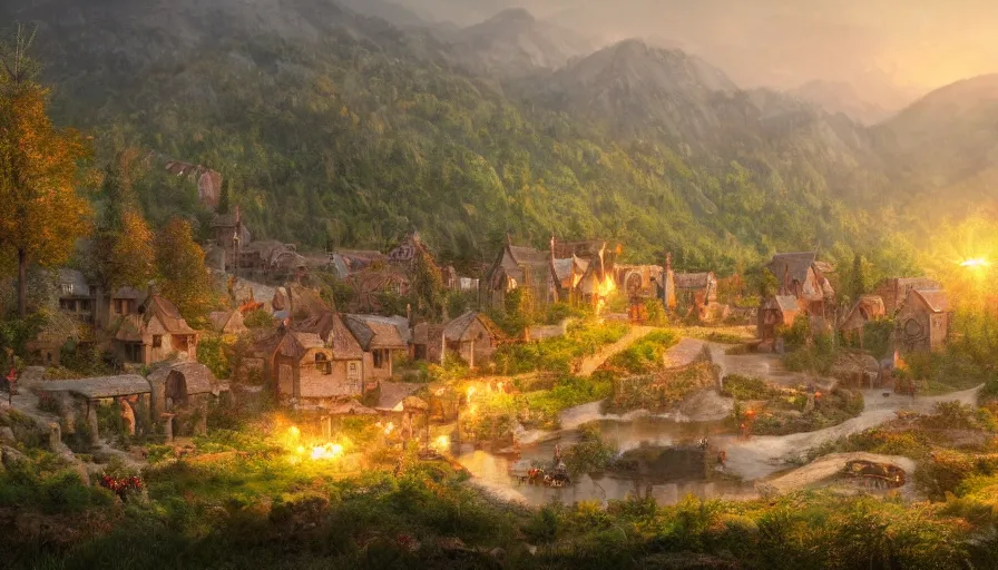 Image similar to medieval village built at the foot of humongous green mountains with forest and lake, fireplace, crowded paths, sunrise, hyperdetailed, artstation, cgsociety, 8 k