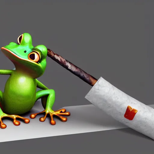 Image similar to a high quality photo of an antropomorphic frog wearing a suit smoking a cigar, 3d scene, render, ultra realistic, artstation, cgsociety