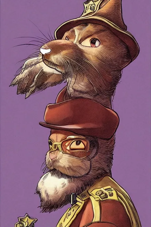 Prompt: vernon. Rabbit with mustache dressed as a sheriff. concept art by James Gurney and Mœbius.