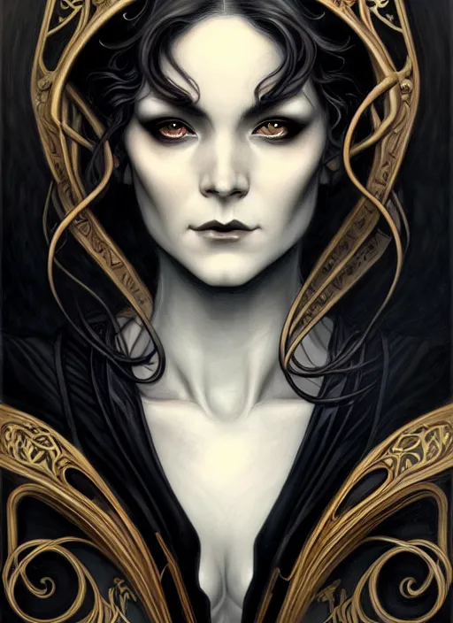 Image similar to an art nouveau, black dragon portrait in the style of charlie bowater, and in the style of donato giancola, and in the style of charles dulac. very large, clear, expressive, intelligent eyes. symmetrical, centered, ultrasharp focus, dramatic lighting, photorealistic digital painting, intricate ultra detailed background.