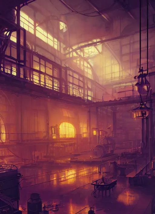 Image similar to beautiful interior of a steampunk factory, james gilleard, delphin enjolras, goro fujita, makoto shinkai, paul lehr, volumetric lighting, octane render, very coherent, trending on artstation