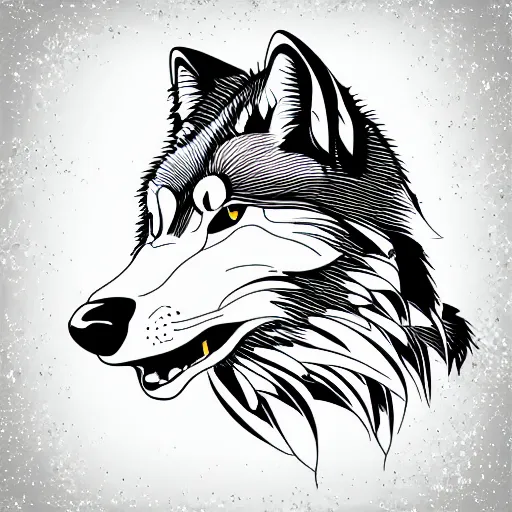 Image similar to a black and white vector based illustration of a wolf, created in Adobe illustrator and Coreldraw, in the style of Akira, black ink shading on white background, smooth and clean vector curves, no jagged lines, vinyl cut ready