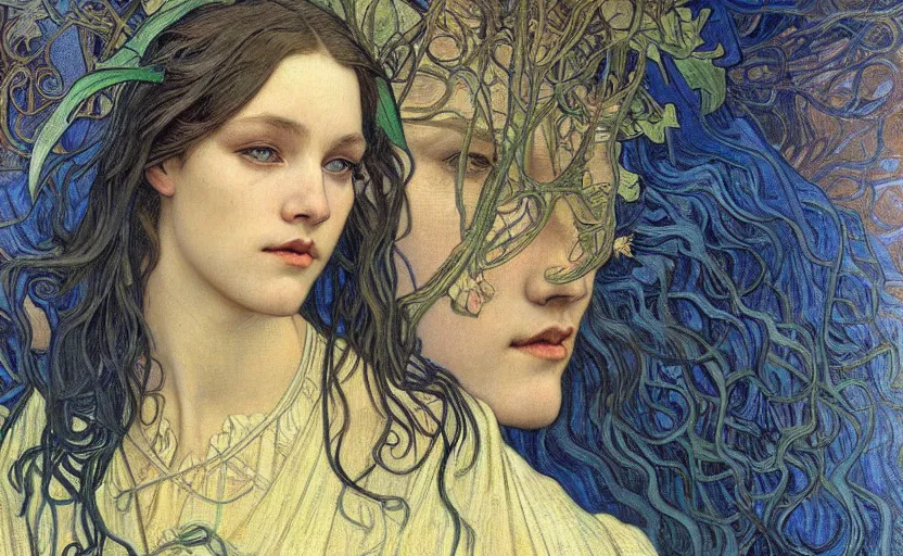 Image similar to detailed realistic beautiful young medieval queen face portrait by jean delville, alphonse mucha, vincent van gogh, and marco mazzoni, art nouveau, symbolist, visionary, gothic, pre - raphaelite