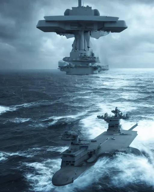 Prompt: view from an aircraft carrier of stormy seas, a gigantic spaceship flying overhead, stormy weather, unreal engine, hyper realism, realistic shading, cinematic composition, realistic render, octane render, detailed textures, photorealistic, ultrawide shot, 16mm lens