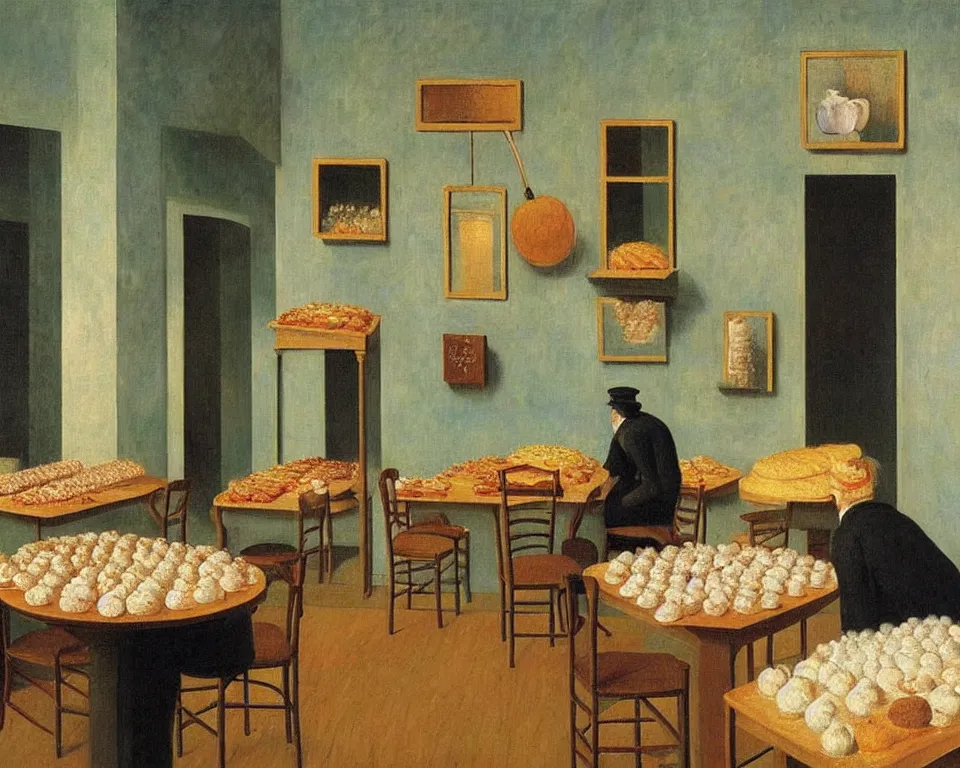 Image similar to achingly beautiful painting of a sophisticated, well - decorated bakery kitchen by rene magritte, monet, and turner.
