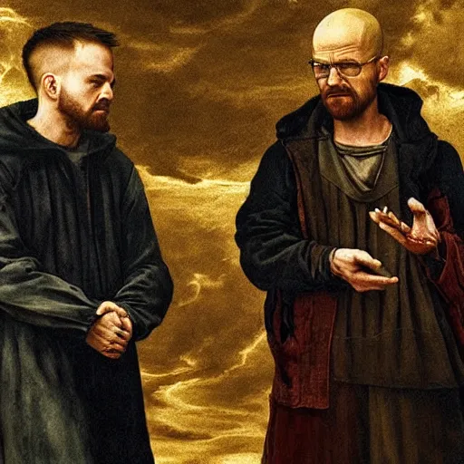 Image similar to walter white and jesse pinkman, renaissance painting, highly detailed