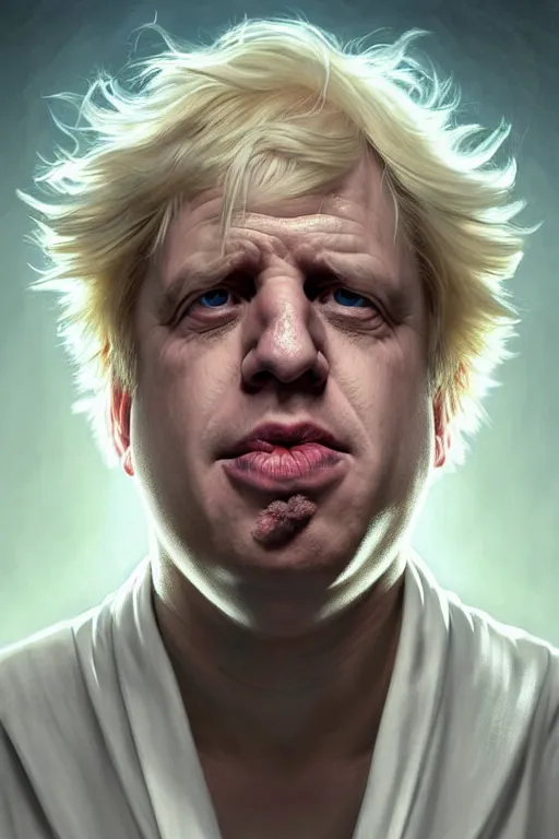 Image similar to Boris Johnson as Rick Sanchez, one eyebrow, white robe, big eyes, 2d portrait, symmetrical, highly detailed, digital painting, artstation, concept art, smooth, sharp focus, illustration, cinematic lighting, art by artgerm and greg rutkowski and alphonse mucha