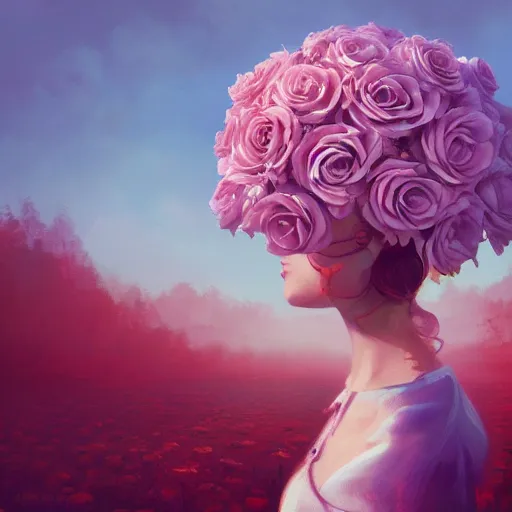 Image similar to closeup, huge rose flower under head, frontal, girl in a suit, surreal photography, sunrise, dramatic light, impressionist painting, digital painting, artstation, simon stalenhag