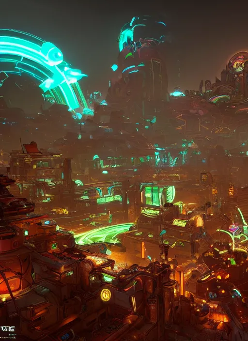 Image similar to glowwave techno civilization from borderlands 3, au naturel, hyper detailed, digital art, trending in artstation, cinematic lighting, studio quality, smooth render, unreal engine 5 rendered, octane rendered, art style by klimt and nixeu and ian sprigger and wlop and krenz cushart.