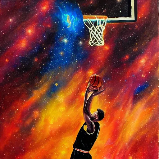 Image similar to an expressive oil painting of a basketball player dunking, depicted as an explosion of a nebula