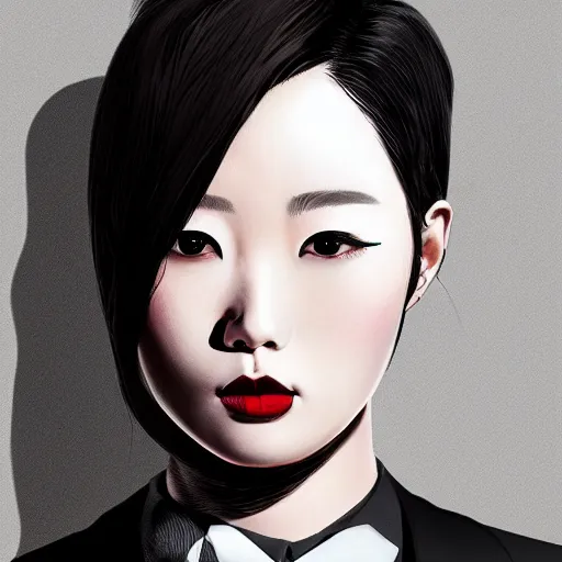 Image similar to portrait of a beautiful korean girl wearing a men's tuxedo, with short messy hair, men's haircut, angular features, angry expression, digital art, elegant pose, detailed illustration