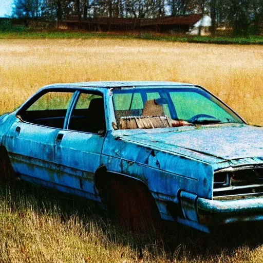 Image similar to A photograph of a rusty, worn out, broken down, decrepit, run down, dingy, faded, chipped paint, tattered, beater 1976 Denim Blue Dodge Aspen in a farm field, photo taken in 1989