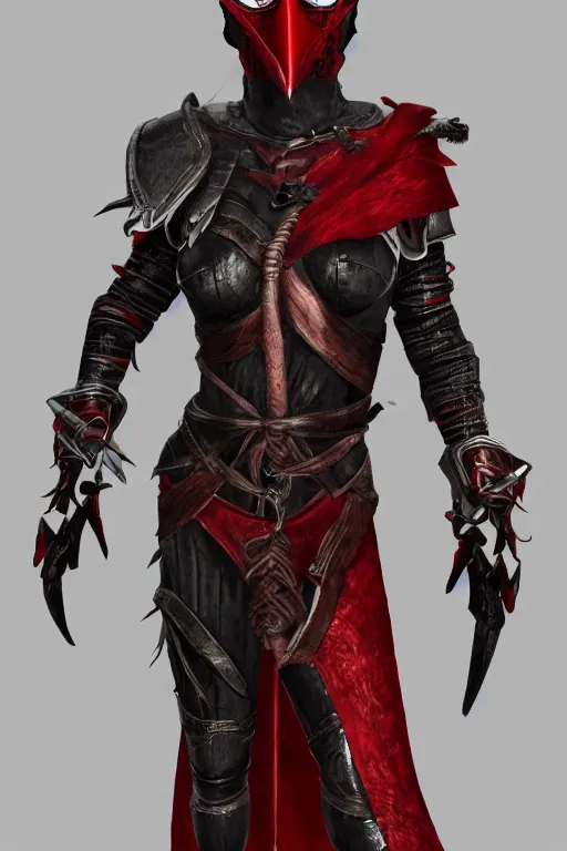 Image similar to female adventurer in tight full - body ebony leather armor of dunmer design with dark red cloth underneath and with a red porcelain crow mask, trending in artstation, establishing shot