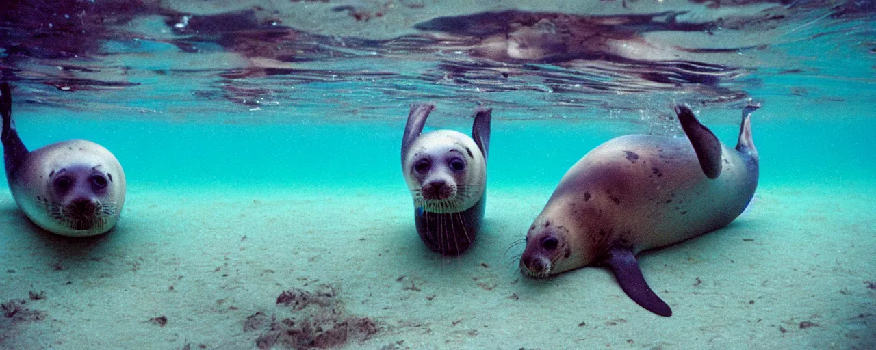 Prompt: seals eating spaghetti underwater in the ocean, canon 5 0 mm, in the style jacques cousteau, kodachrome