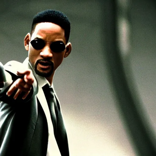 Prompt: movie still of will smith as neo in the matrix