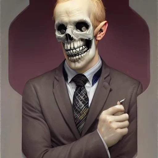 Prompt: frontal portrait of a suited blond with medical gloves and a skull face mask, by Gerald Brom, Kim Kyoung Hwan and Norman Rockwell