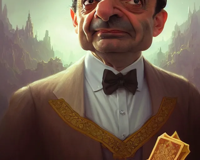 Prompt: mr bean looking very happy, photography of kurzgesagt, deep focus, d & d, fantasy, intricate, elegant, highly detailed, digital painting, artstation, concept art, matte, sharp focus, illustration, hearthstone, art by artgerm and greg rutkowski and alphonse mucha