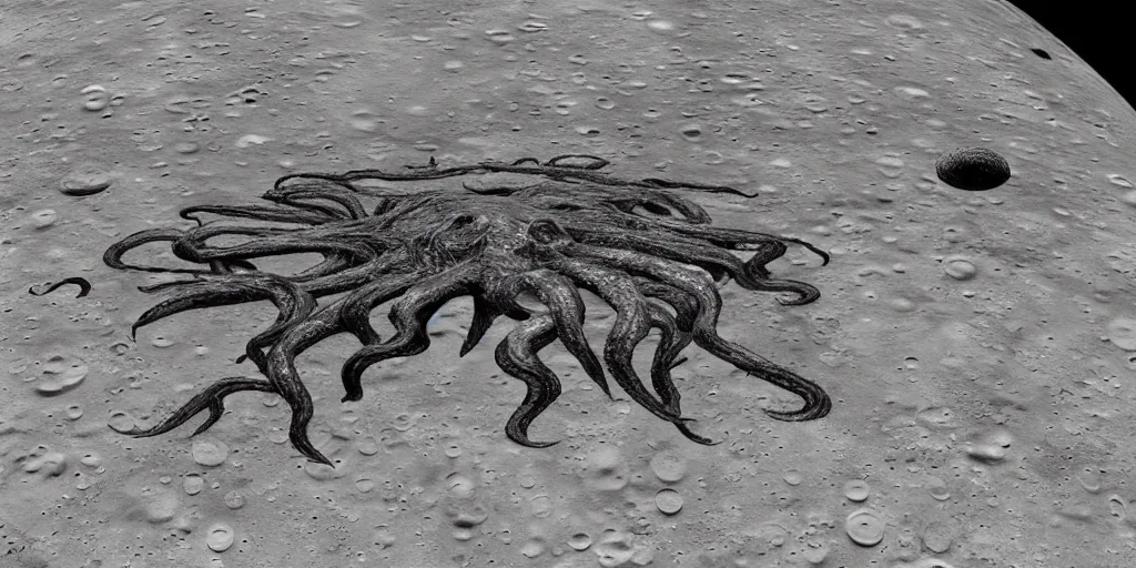 Image similar to giant <Cthulhu> silhouetted on lunar surface attacking <red spaceship>, photorealistic, wide-angle, long shot, epic, space, lunar backdrop